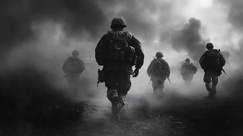 Photorealistic warzone composition with advancing soldiers in smoke.