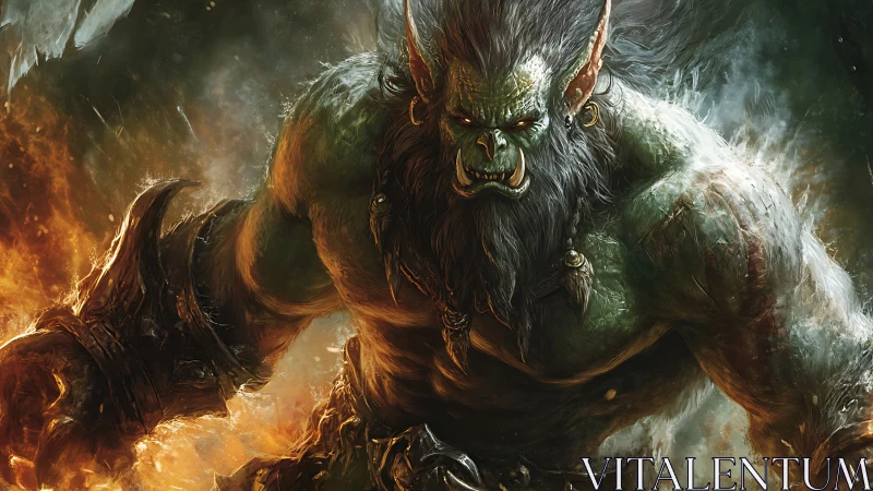 Battle-scarred orc warlord strides through blazing chaos.