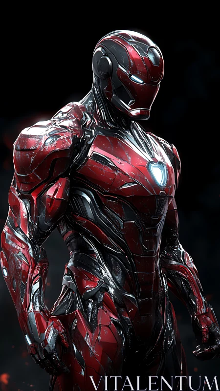 High-gloss red exosuit with segmented armor plating and emissive HUD nodes
