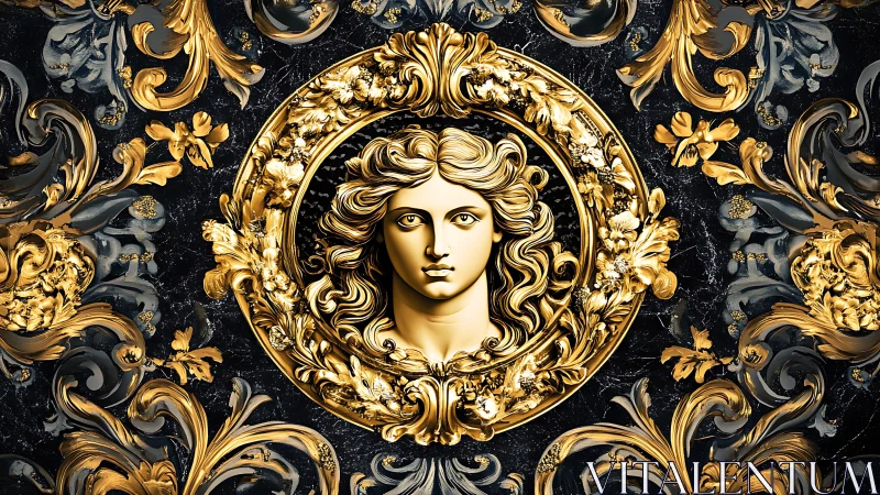 Baroque golden medallion portrait with ornate floral reliefs.