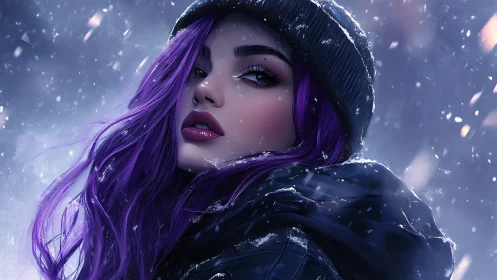 Purple-haired woman gazes through swirling winter snowfall.