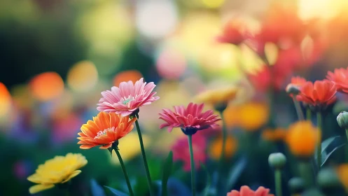 Gerbera daisies in shallow depth of field garden setting