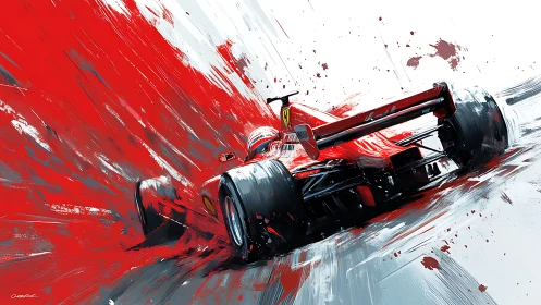 Red Formula racer exploding through abstract speed field.