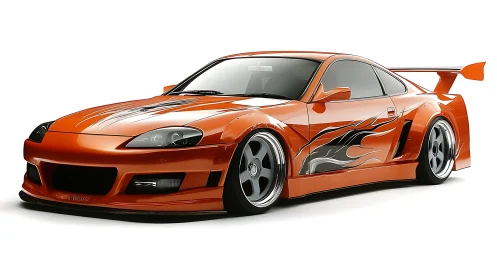 Orange modified sports coupe with body kit and decals.
