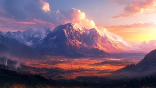 Glowing mountain valley welcomes sunrise in soft golden light