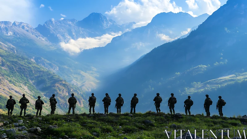 Mountain infantry silhouettes under blue atmospheric backlight.