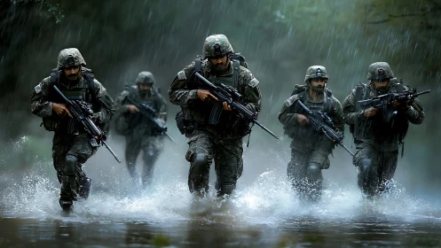 Storm-forged soldiers carve bright wakes through drowning rain