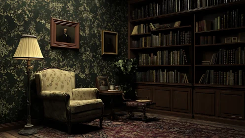 Dimly lit vintage study with ornate armchair and shelves.