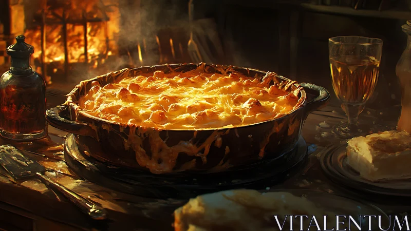 Golden hearth pie crackles warmly in firelit kitchen