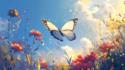 Butterfly suspended over wildflower meadow at daylight.