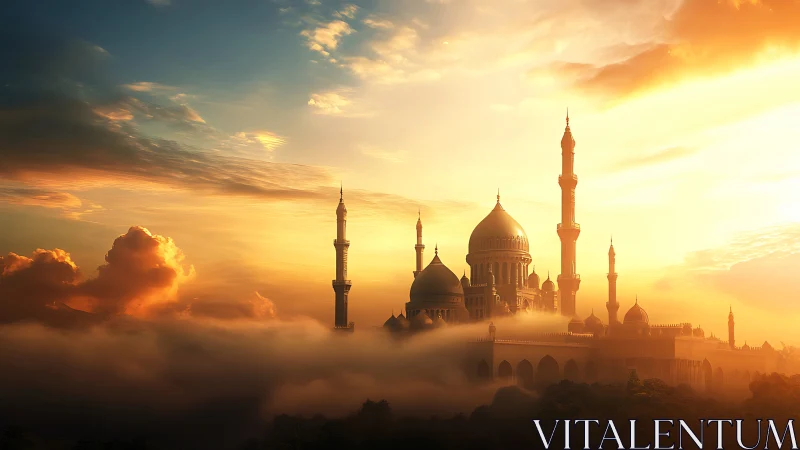 Sunlit domed palace rises through mist in cinematic digital art
