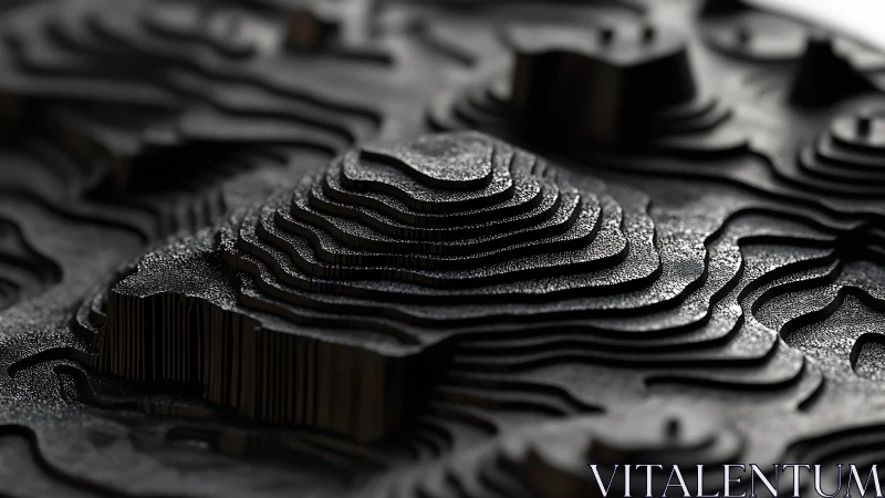 Layered midnight topography in sculpted abstract relief.