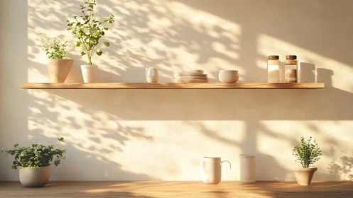 Sunlit wooden shelf with ceramics and potted greenery in soft focus