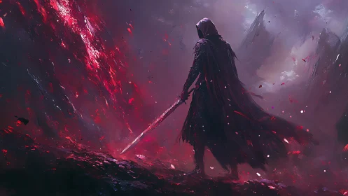 Hooded warrior confronts a crimson rift in swirling mist.