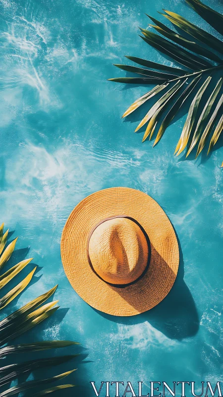 Sunlit straw hat resting in a dreamy turquoise escape.