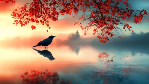 Solitary blackbird over misty lake at fiery sunrise.