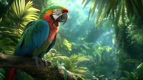 Rainbow macaw resting in sunlit jungle green.