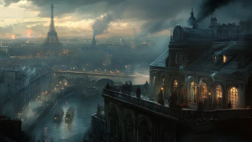 Moody steampunk Paris skyline glows through river fog