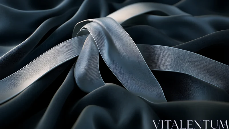 Photorealistic metallic ribbons on dark draped fabric surface.