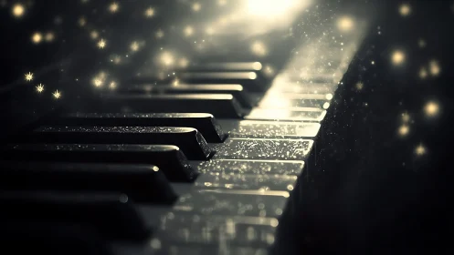 Luminous piano keys with drifting particles in soft bokeh light.