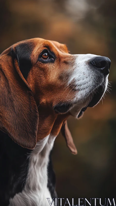 Side profile portrait of tricolor hound dog outdoors.