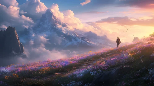 Backlit hiker crosses alpine meadow under volumetric-lit peaks