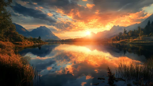 Radiant mountain sunrise mirrored on tranquil alpine lake.