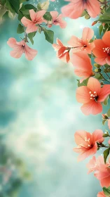 Coral Hibiscus Flowers Against Turquoise Sky Background.