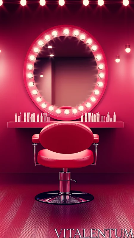 Digital glam vanity chair under illuminated circular mirror.