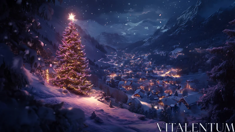 Star-topped Christmas tree overlooks glowing alpine village.