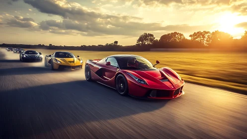 Red supercar leads high speed convoy on open racetrack.