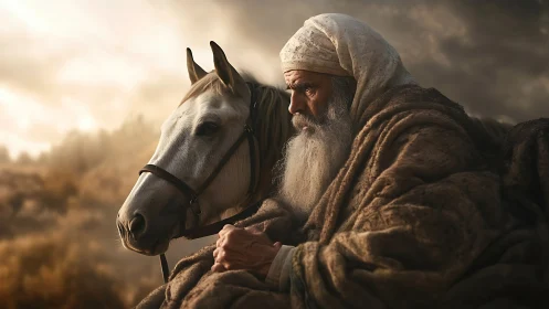 Desert elder resting with white horse at dusk.