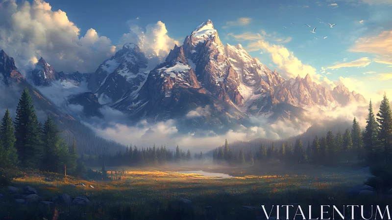 Glacial alpine massif above misted conifer valley at sunrise.