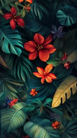 Tropical Paradise Blooms: Crimson Flowers Dance Among Emerald Foliage