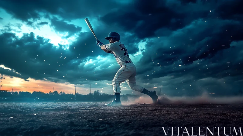 Baseball batter swings under stormy sky in cinematic light