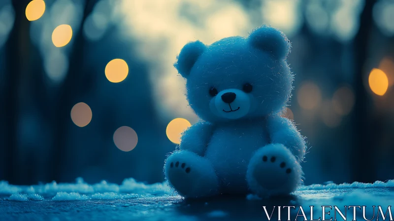 Plush teddy bear sits in snowy twilight with soft bokeh lights