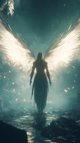 Winged humanoid figure stands in backlit cavern environment