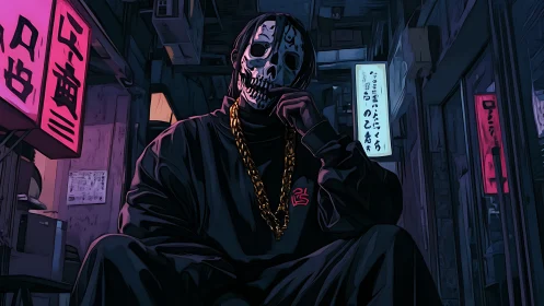 Cyberpunk skull-masked figure in neon alleyway portrait.