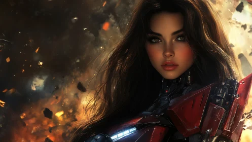 Armored warrior woman amid cinematic fiery explosion.