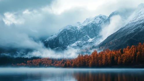 Cold alpine lake reflects misty peaks and saturated autumn forest