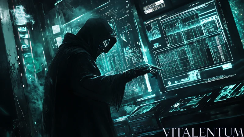 Hooded operator interacts with illuminated data interfaces