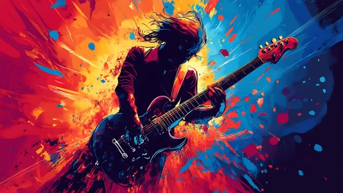 Silhouetted rock guitarist cuts through explosive neon color burst