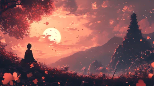 Solitary cloaked figure facing distant pagoda at sunset.