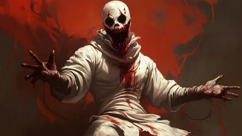 Skull-faced horror entity in blood-soaked white robes emerges.