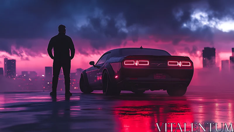 Silhouetted driver with neon-lit muscle car at dusk skyline