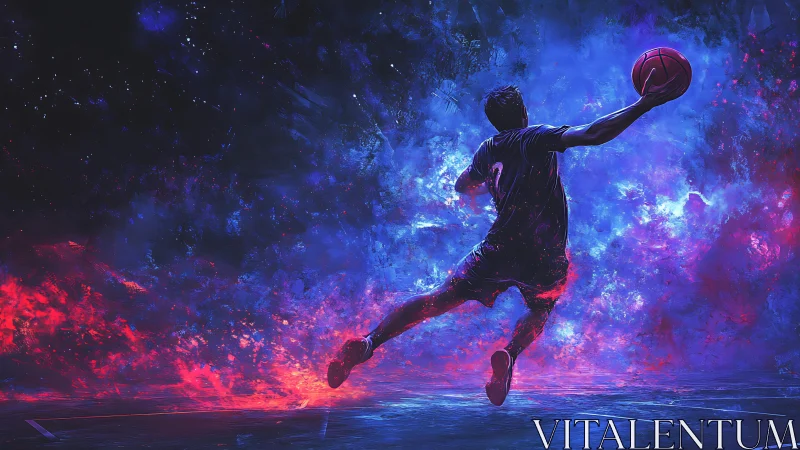 Silhouette basketball player jumps across abstract neon court