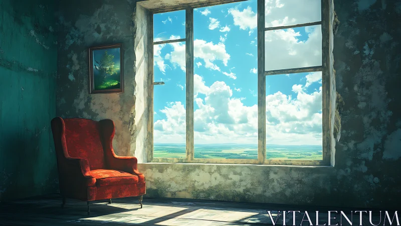 Sunlit red armchair in worn room facing open rural view.