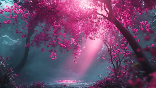 Enchanted cherry blossom glade bathed in rosy dreamlight.
