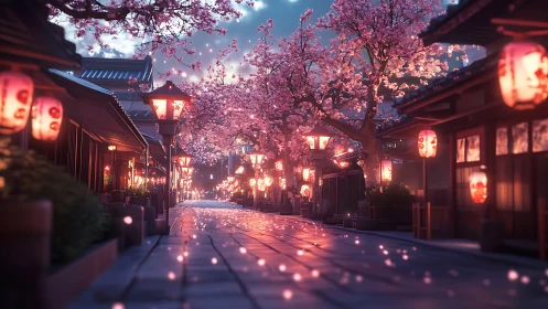Cherry blossom street with lanterns at dusk in spring.