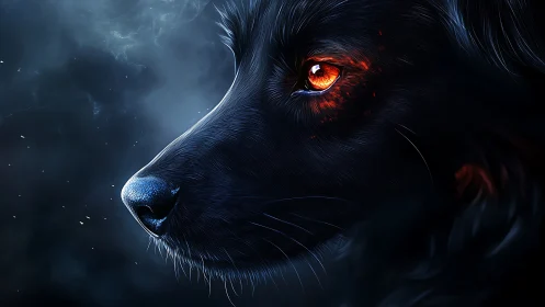 Fiery eyed black dog gazes into a quiet, stormy night